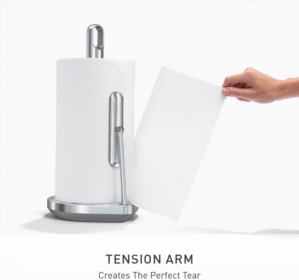simplehuman Paper Towel Holder with Spray, All-in-One Countertop Paper Towel and Cleaner Dispenser, 6 oz Refillable Pump, One-Handed Tear, Weighted Base, Brushed Stainless Steel