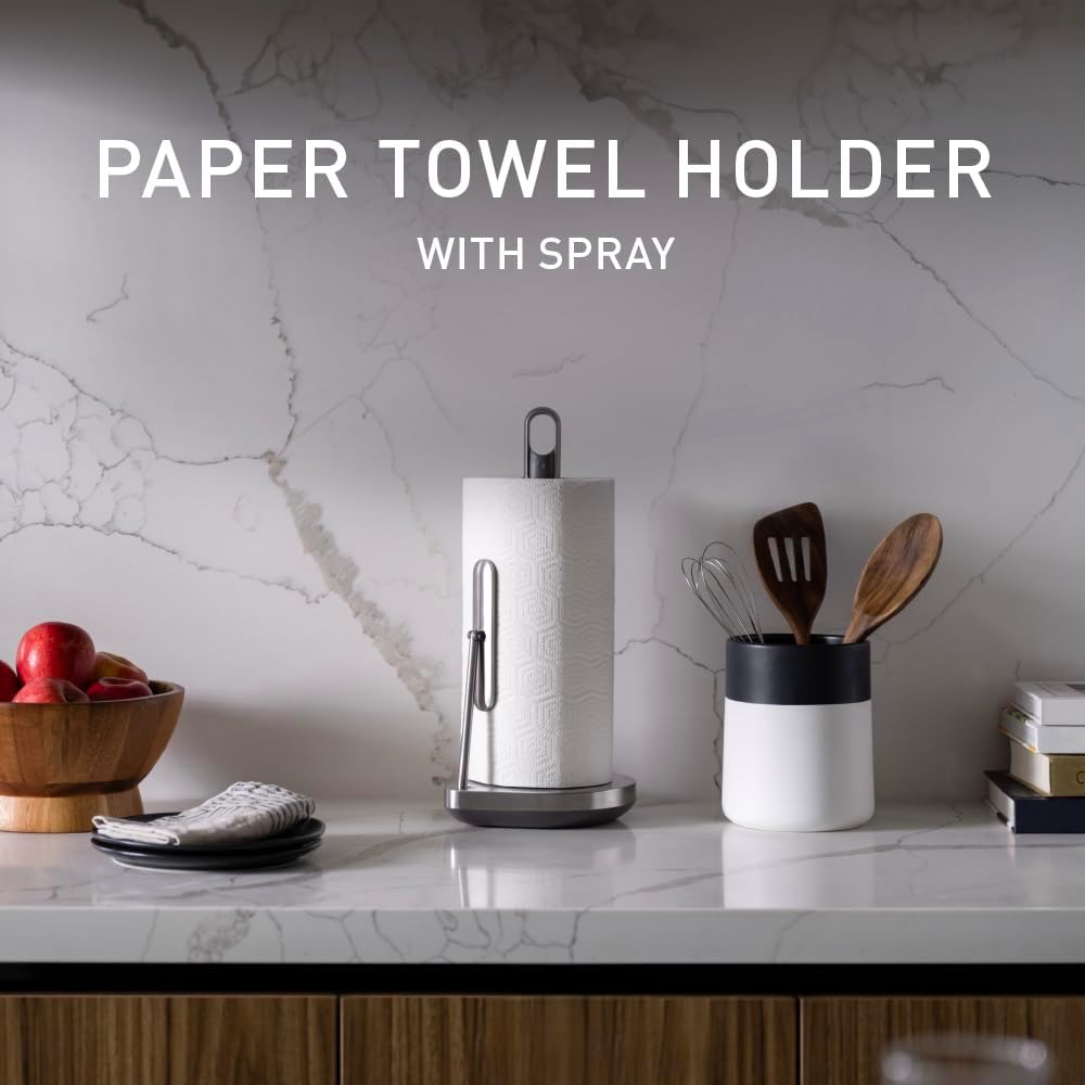 simplehuman Paper Towel Holder with Spray, All-in-One Countertop Paper Towel and Cleaner Dispenser, 6 oz Refillable Pump, One-Handed Tear, Weighted Base, Brushed Stainless Steel