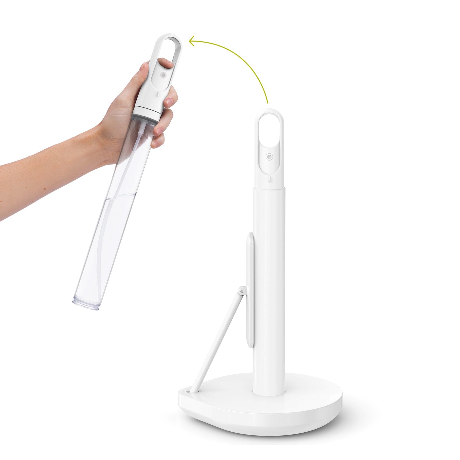 simplehuman Paper Towel Holder with Spray, All-in-One Countertop Paper Towel and Cleaner Dispenser, 6 oz Refillable Pump, One-Handed Tear, Weighted Base, Brushed Stainless Steel