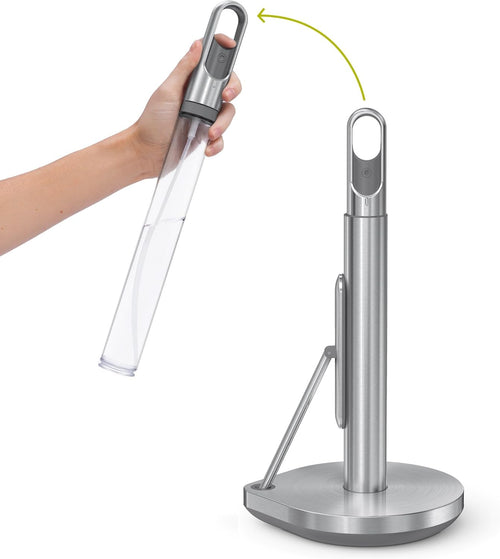 simplehuman Paper Towel Holder with Spray, All-in-One Countertop Paper Towel and Cleaner Dispenser, 6 oz Refillable Pump, One-Handed Tear, Weighted Base, Brushed Stainless Steel