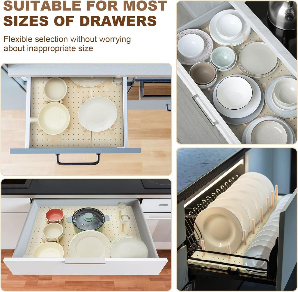 Kigley 3 Pcs Wood Pegboard Drawer Organizer with 32 Pegs Wooden Peg Board Drawer Shelf Organizer Adjustable Peg System for Dishes Plate Pot Container Cookware Utensil Kitchen(17 x 5.91 in)