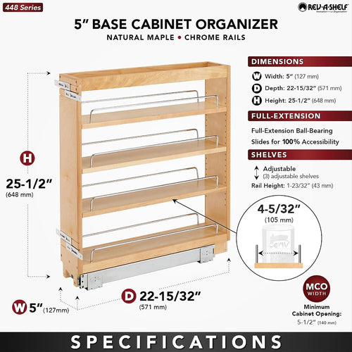 Rev-A-Shelf Pullout Kitchen Cabinet Organizer, Min Cabinet Opening 5.5" W | 5" W Slide Out Pantry Spice or Utensil Storage Rack with Adjustable Shelves for Base Cabinet Organization, 448-BC-5C