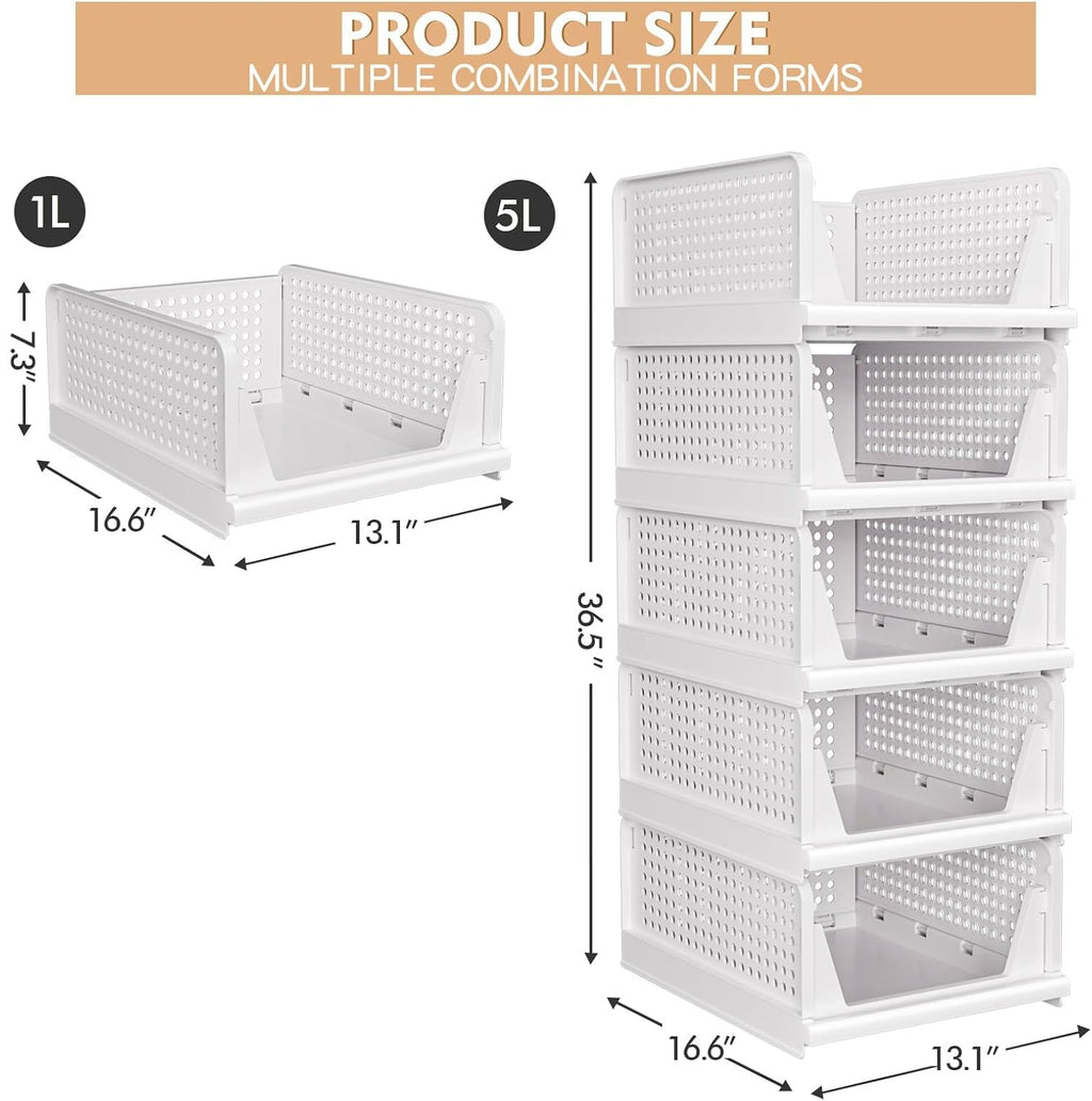 5 Pack Stackable Closet Storage Basket - Stackable Storage Bins, Multifunctional & Foldable Closet Organizer Waterproof, Wardrobe Cupboard Space-Saving Hat Storage Drawer Organizer, White