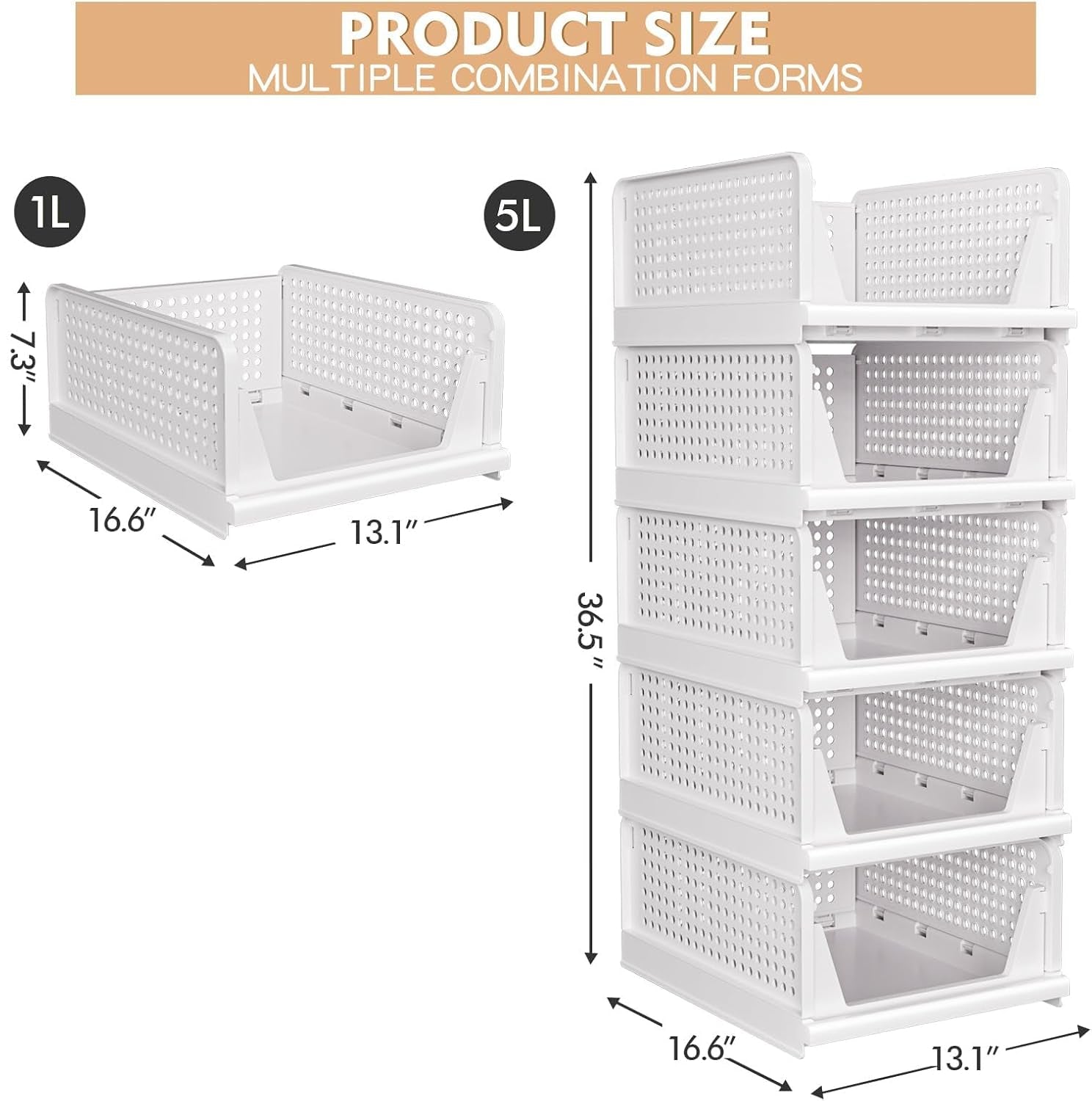 5 Pack Stackable Closet Storage Basket - Stackable Storage Bins, Multifunctional & Foldable Closet Organizer Waterproof, Wardrobe Cupboard Space-Saving Hat Storage Drawer Organizer, White