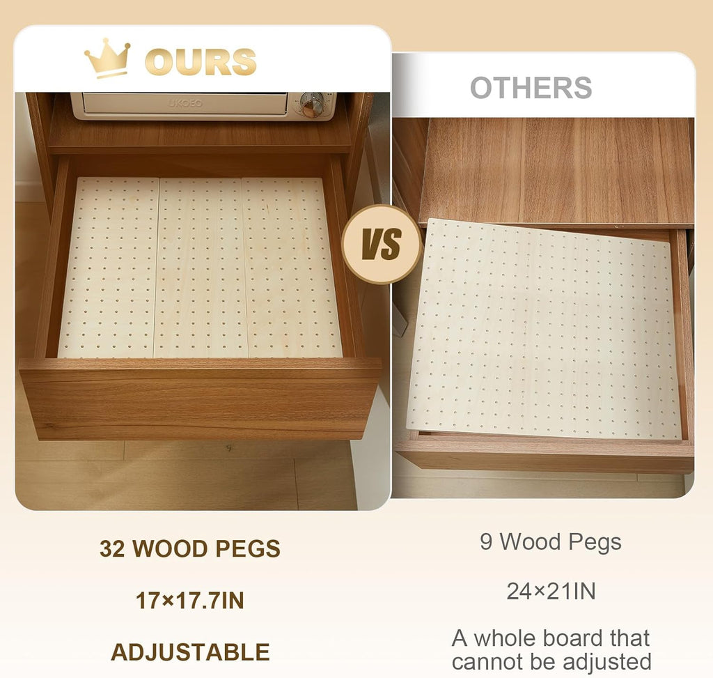 Kigley 3 Pcs Wood Pegboard Drawer Organizer with 32 Pegs Wooden Peg Board Drawer Shelf Organizer Adjustable Peg System for Dishes Plate Pot Container Cookware Utensil Kitchen(17 x 5.91 in)