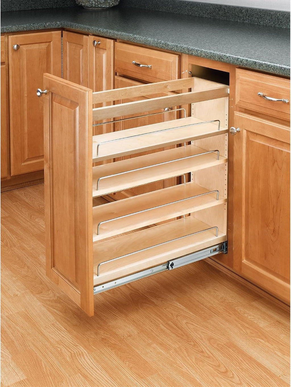 Rev-A-Shelf Pullout Kitchen Cabinet Organizer, Min Cabinet Opening 5.5" W | 5" W Slide Out Pantry Spice or Utensil Storage Rack with Adjustable Shelves for Base Cabinet Organization, 448-BC-5C