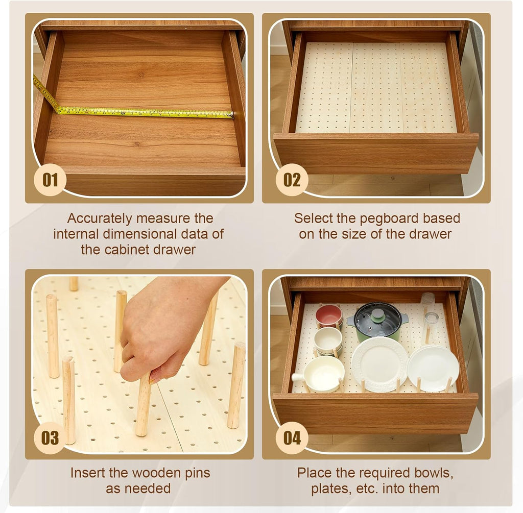 Kigley 3 Pcs Wood Pegboard Drawer Organizer with 32 Pegs Wooden Peg Board Drawer Shelf Organizer Adjustable Peg System for Dishes Plate Pot Container Cookware Utensil Kitchen(17 x 5.91 in)